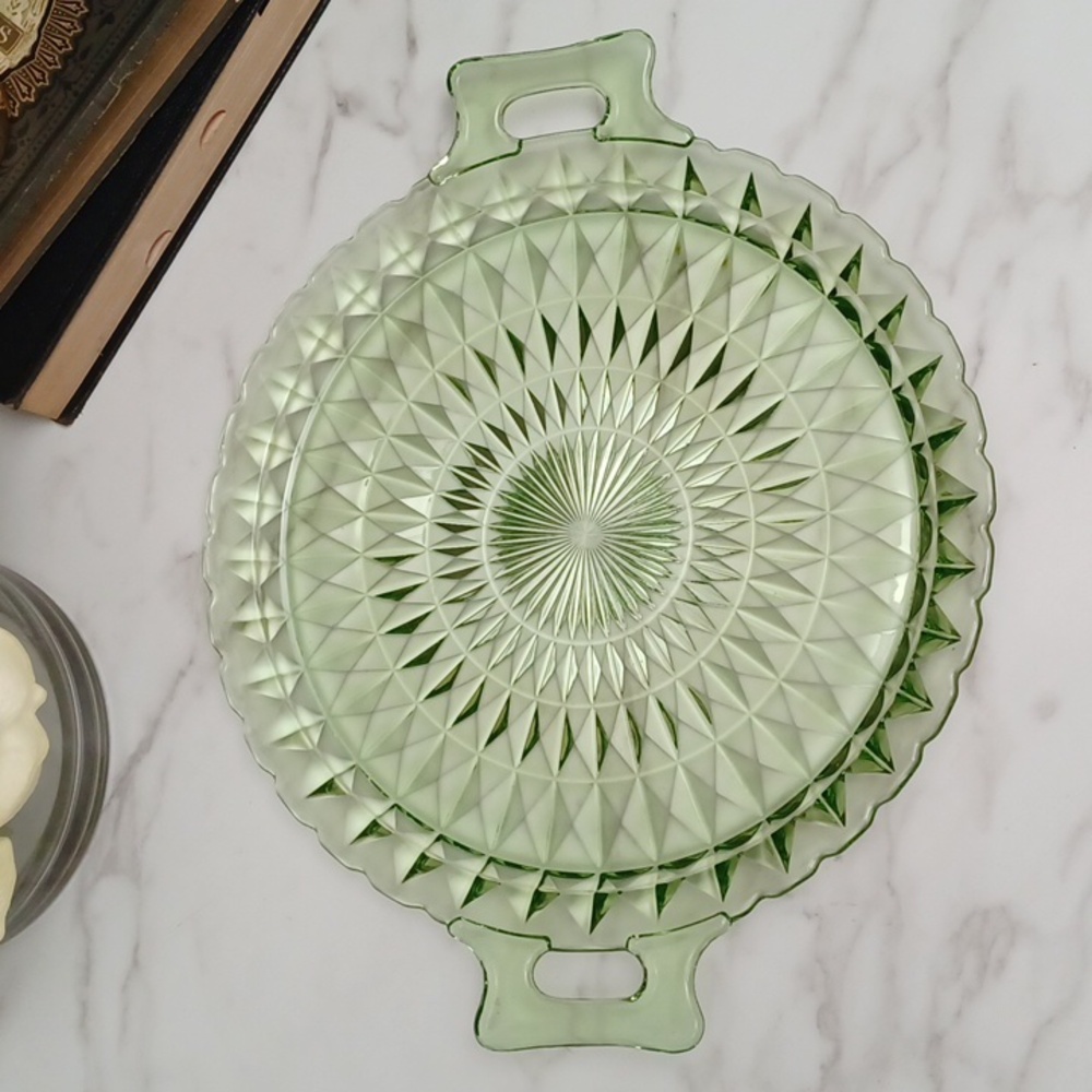 Vintage Uranium Serving Dish Uranium Glass Depression Glass Handle Platter
